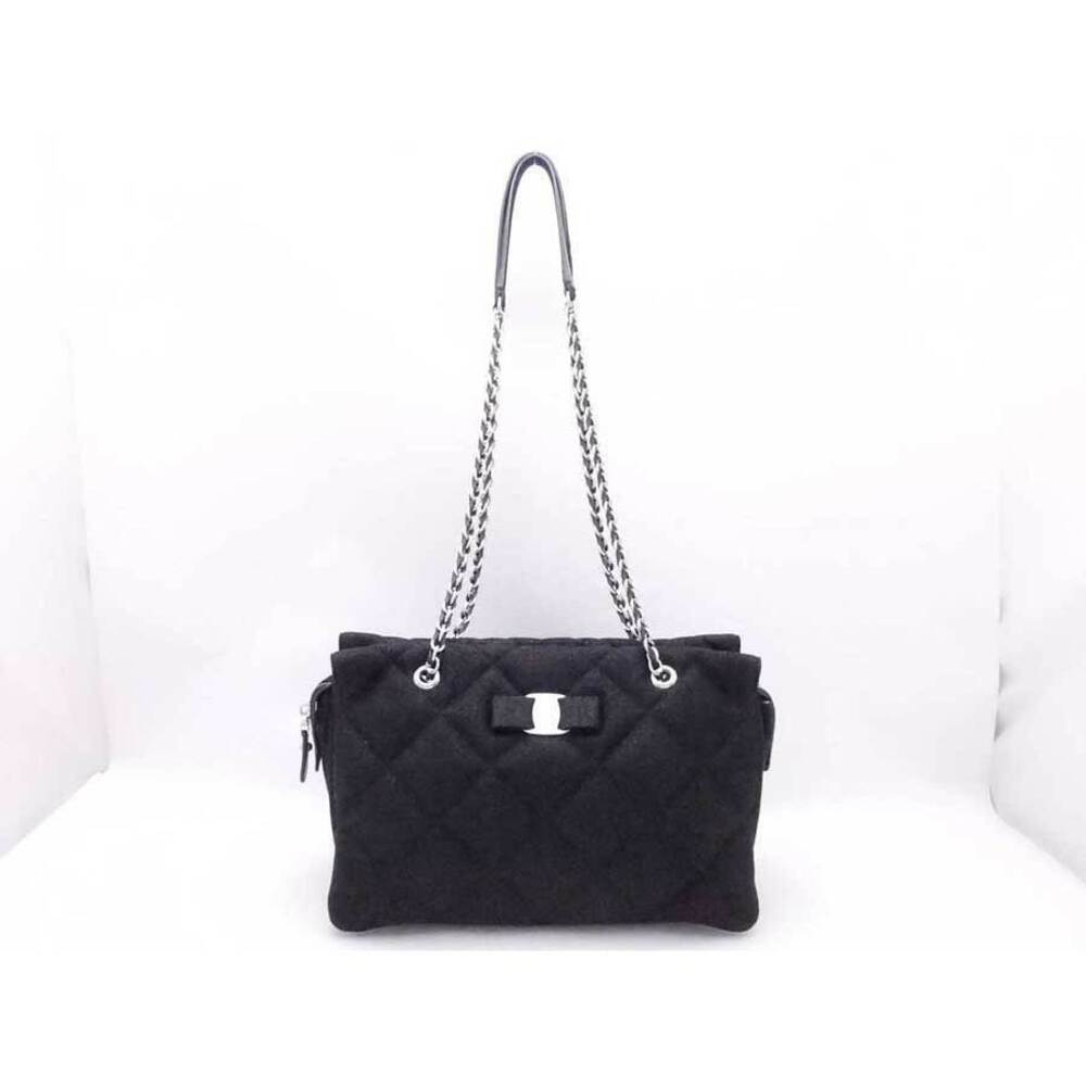 Salvatore Ferragamo Chain Ribbon Black Shoulder Vara Canvas Silver Bag